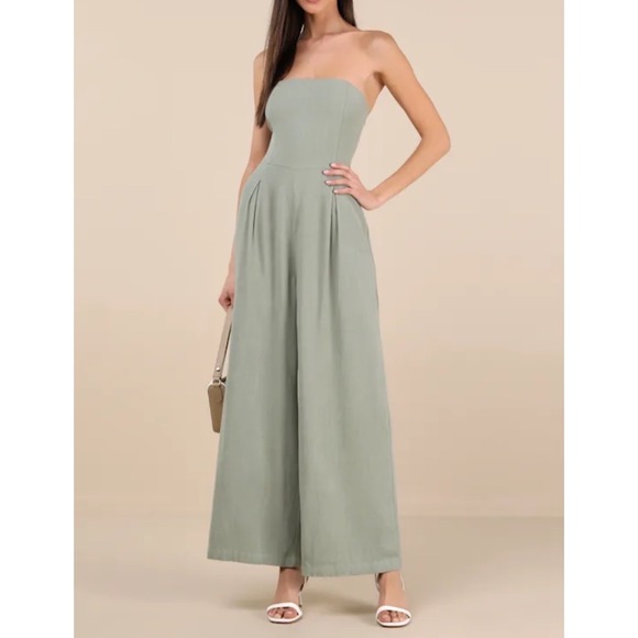 Lulus Pants - NWT‎ Lulus Breezy Essential Sage Green Linen Wide-Leg Jumpsuit XL